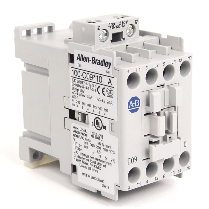 100-C09D01 Allen-Bradley IEC Contactor, 9A, 110V 50Hz / 120V 60Hz Coil, 1 N.C. Auxiliary