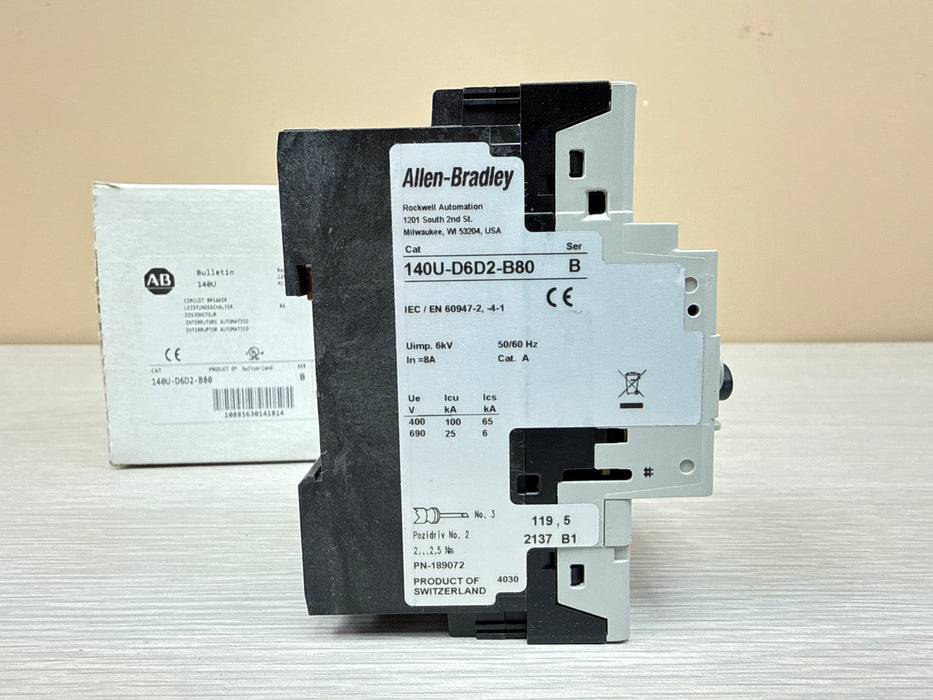 Allen Bradley 140U-D6D2-B80 Ser. B – 8A 2-Pole Current Limiting Motor Protection Circuit Breaker, D-Frame NEW Surplus