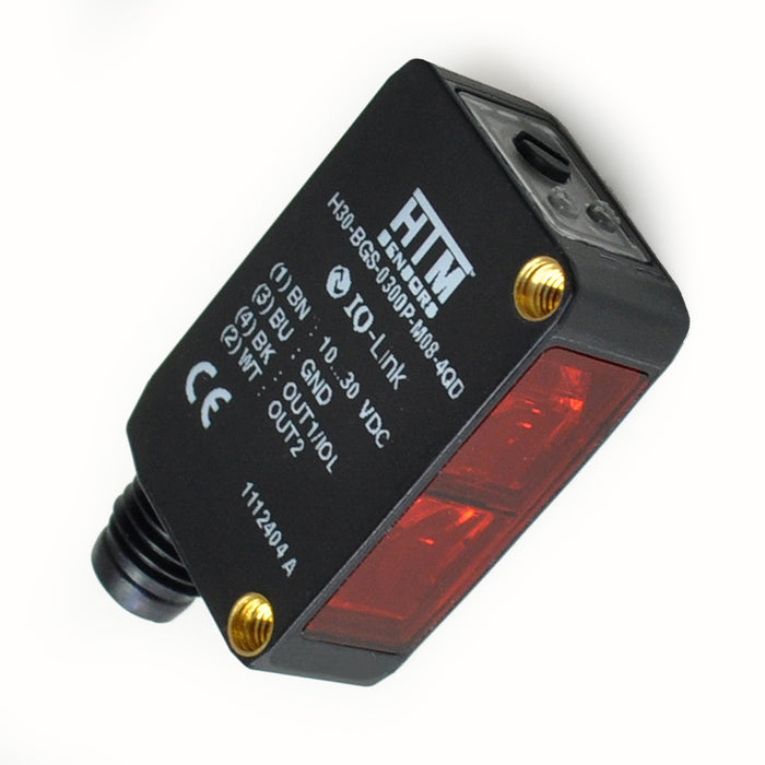 H30-BGS-0300P-M8-4QD – HTM Sensors Rectangular H30 Photoelectric Sensor Background Suppression 300 mm PNP NO/NC Complementary